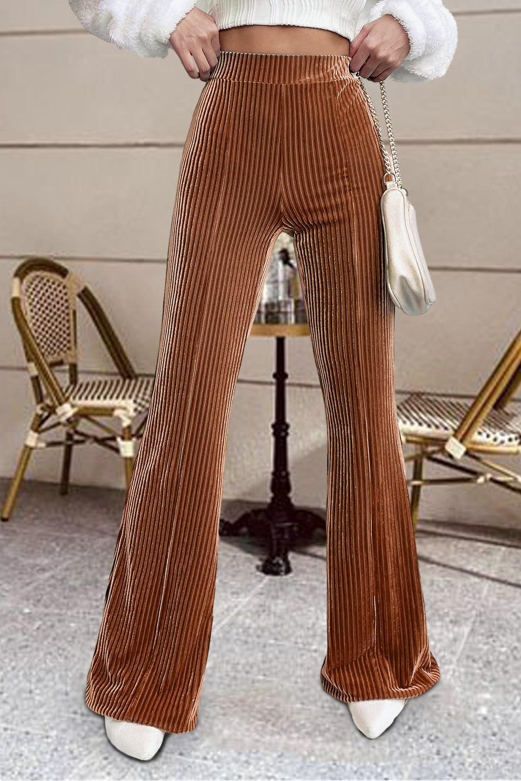 LDC Solid Color High Waist Flare Corduroy Pants
