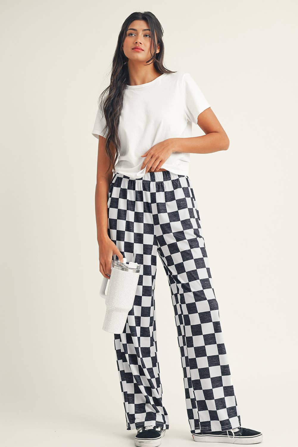 LDC 2-Tone Checked Print High Waist Wide Leg Pants
