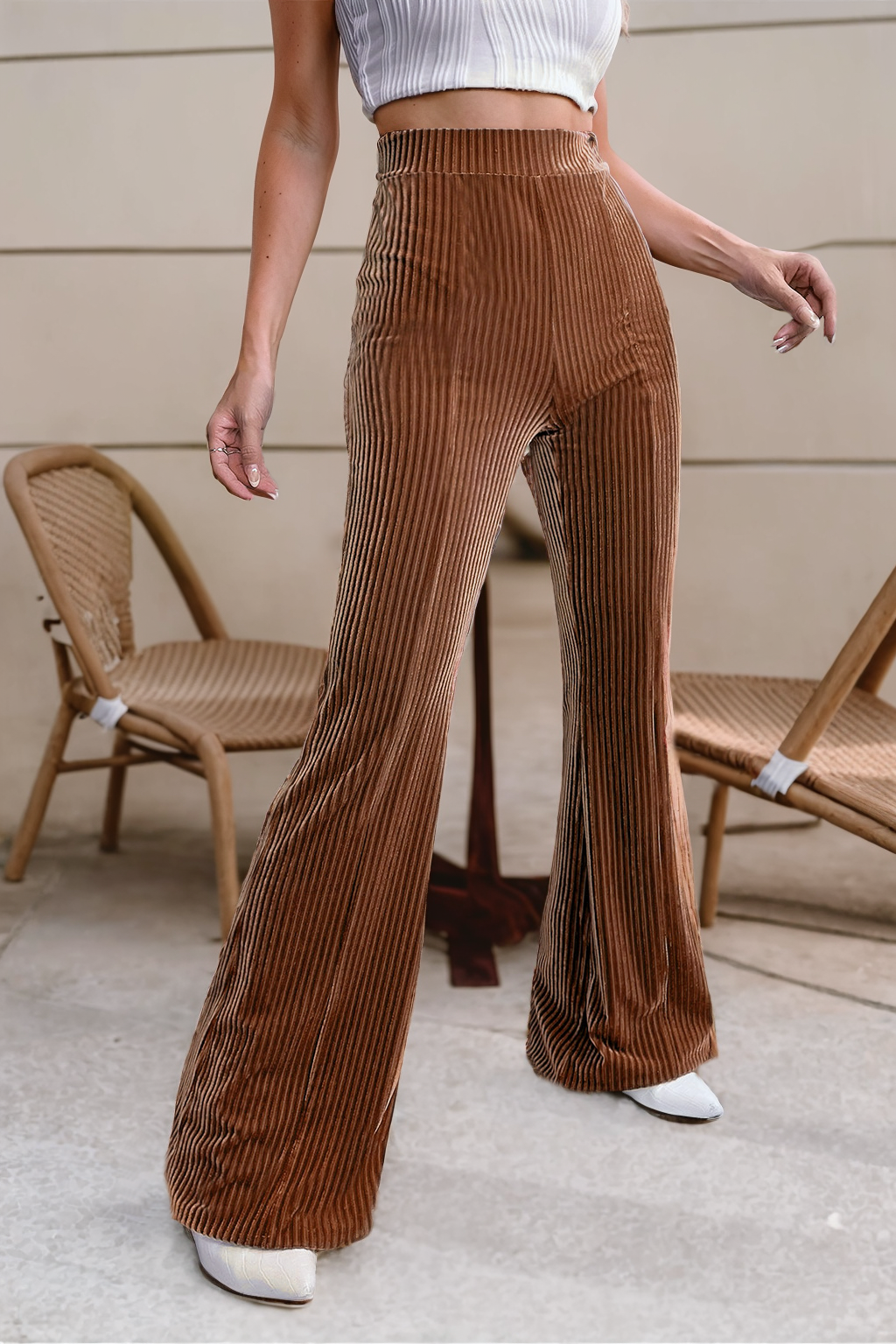 LDC Solid Color High Waist Flare Corduroy Pants