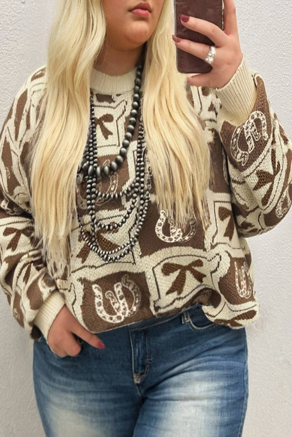 Bows Horseshoes Pattern Western Fashion Print Sweater (S-4X)