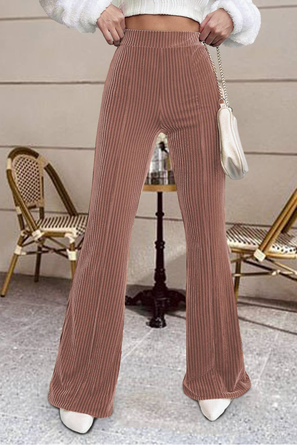 LDC Solid Color High Waist Flare Corduroy Pants