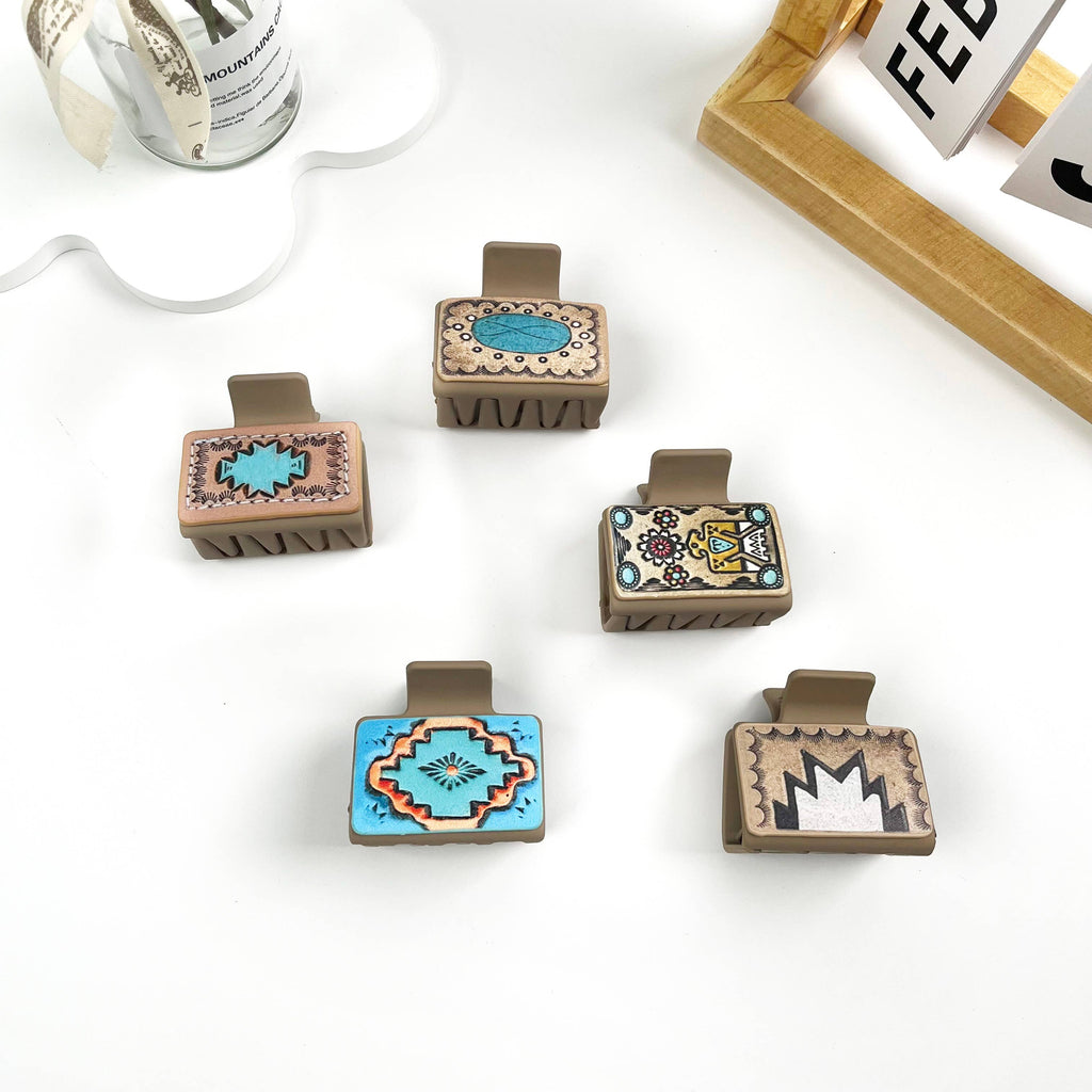 Western cowboy style leather square hair claw clip