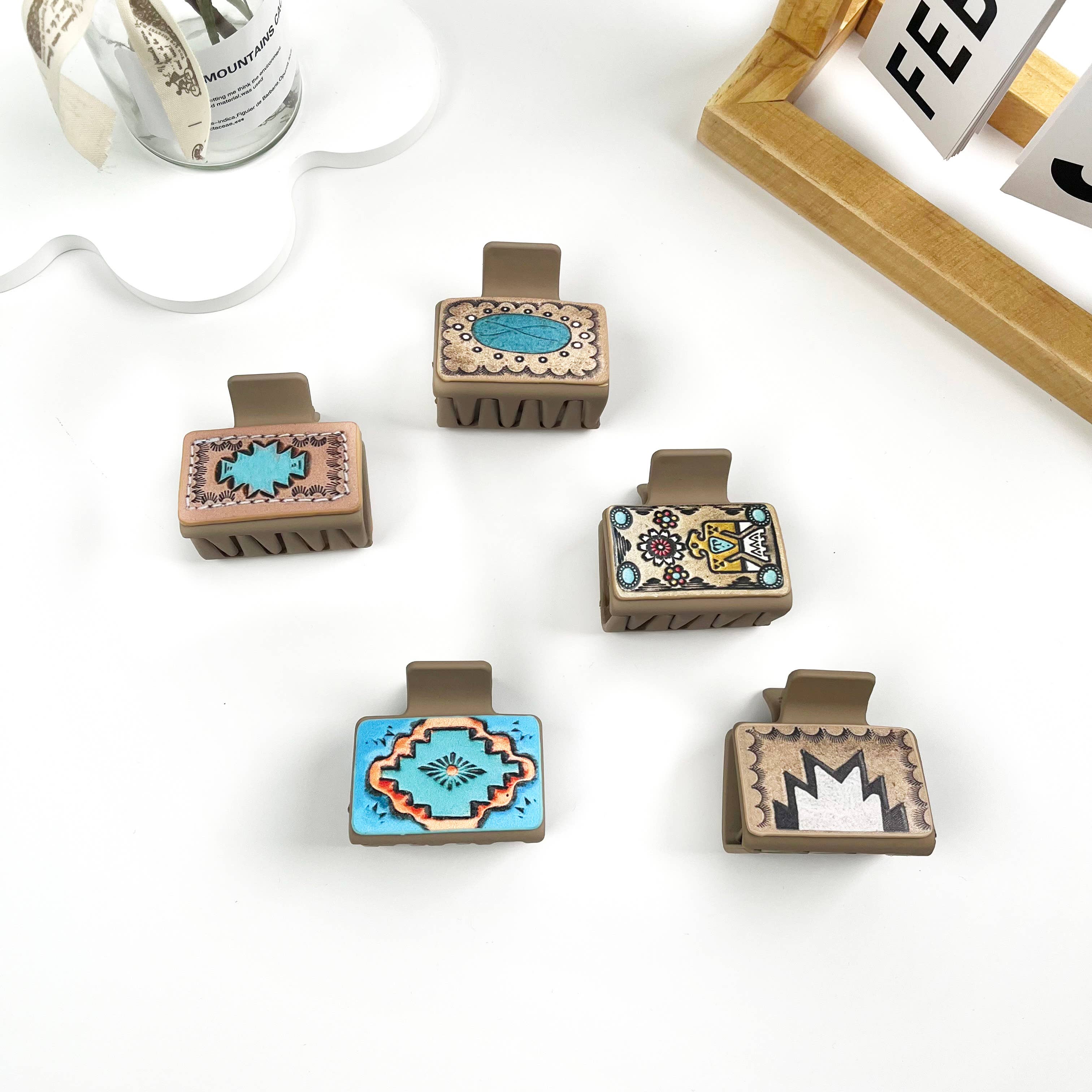 Western cowboy style leather square hair claw clip