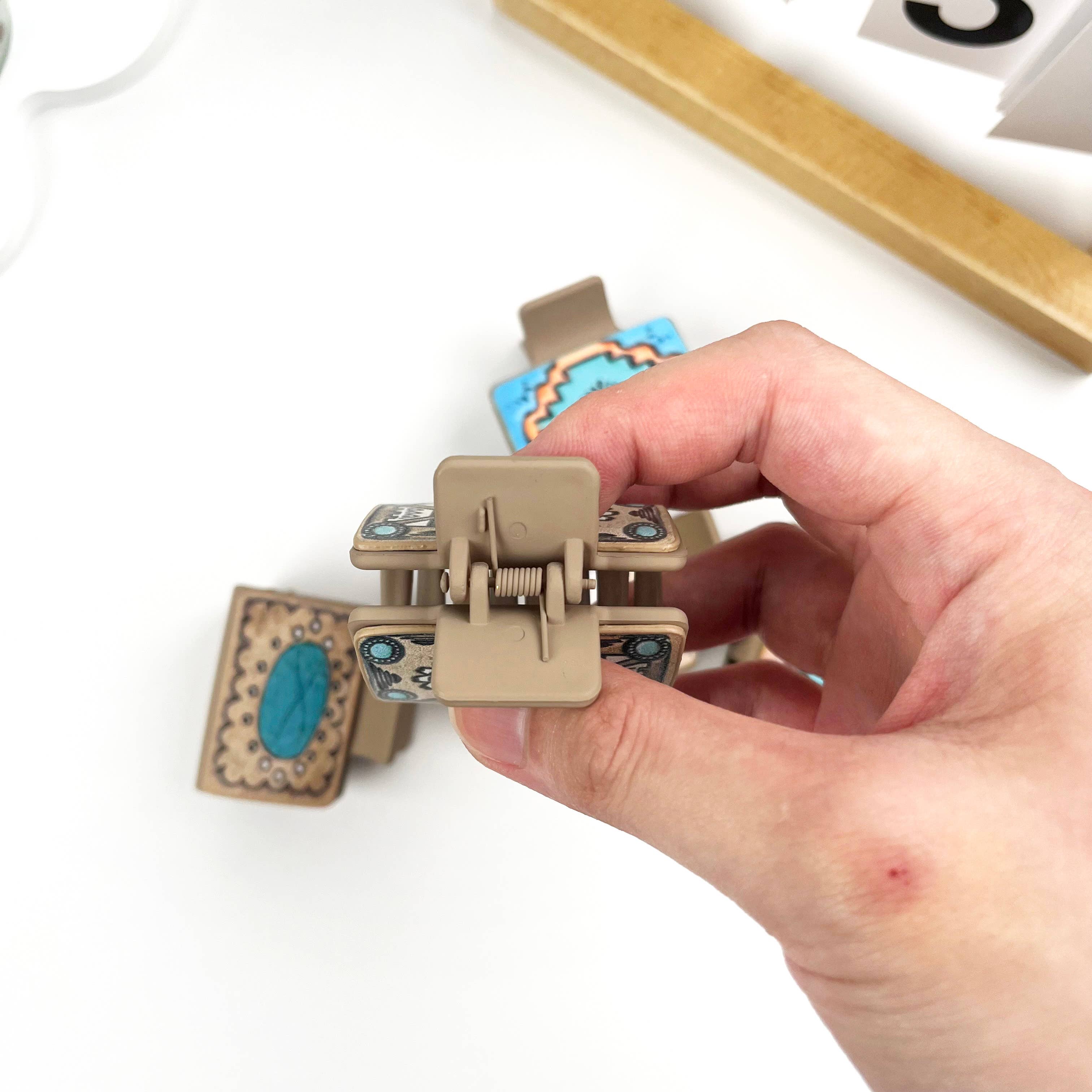 Western cowboy style leather square hair claw clip