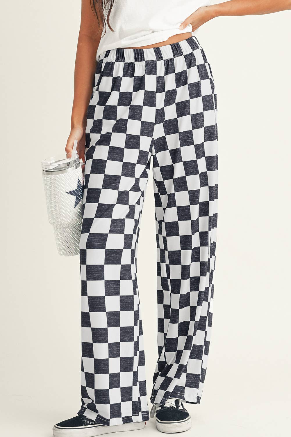 LDC 2-Tone Checked Print High Waist Wide Leg Pants