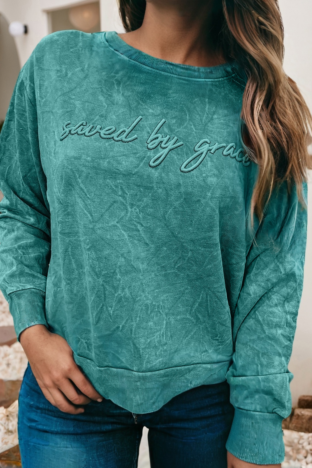 Saved by Grace Embroidery Mineral Wash Loose Sweatshirt