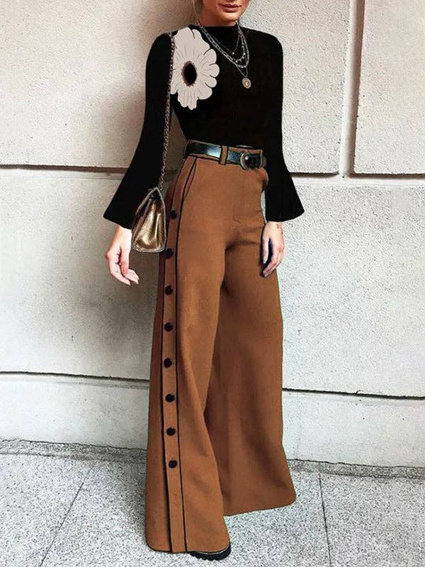 High Waisted Loose Buttoned Pockets Pants Trousers